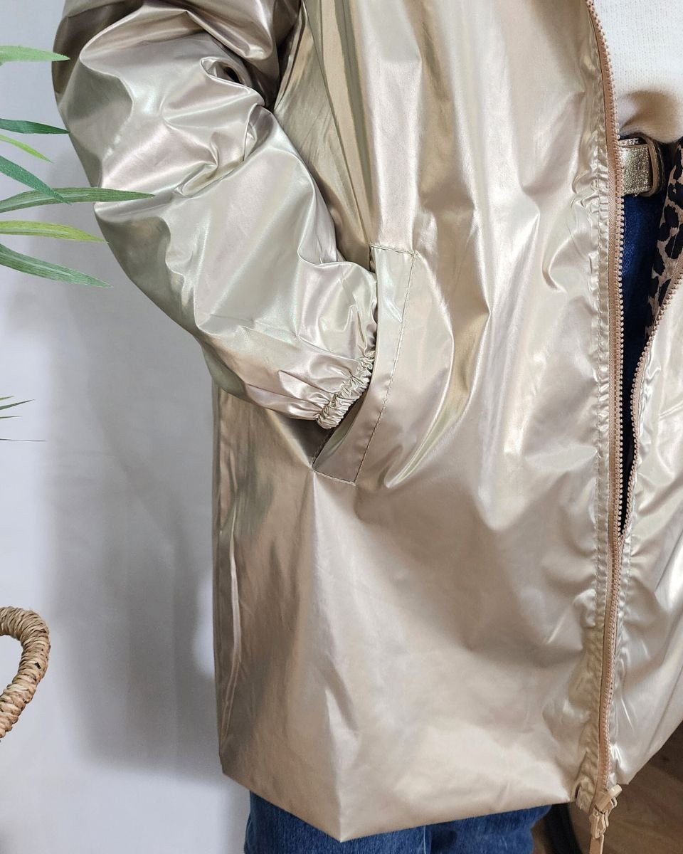 Parka fine femme longue réversible dorée et Léopard noir et beige 