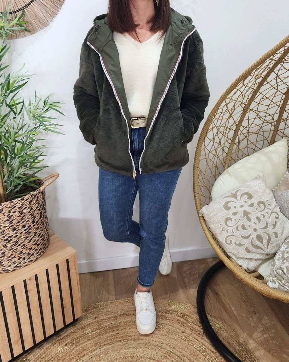 Parka femme kaki réversible fausse fourrure Sora