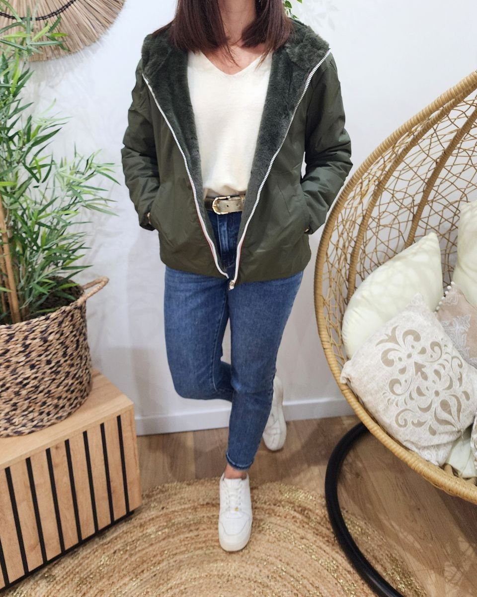 Parka femme kaki réversible fausse fourrure Sora