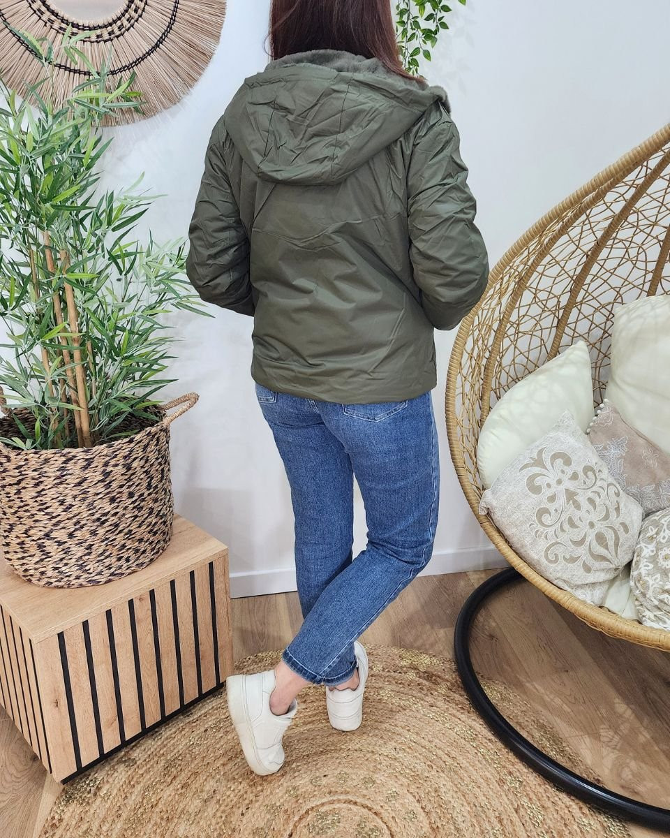 Parka femme kaki réversible fausse fourrure Sora