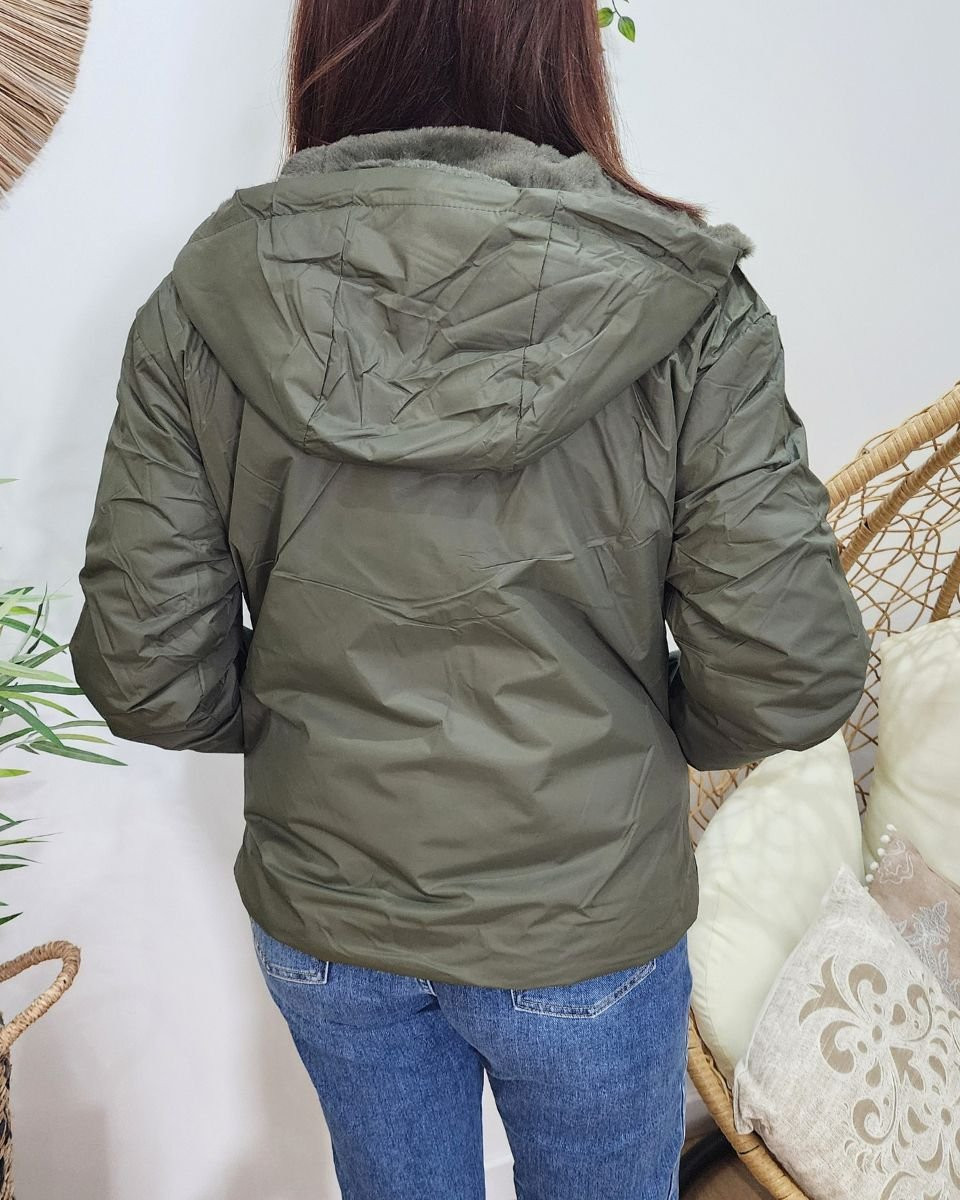 Parka femme kaki réversible fausse fourrure Sora