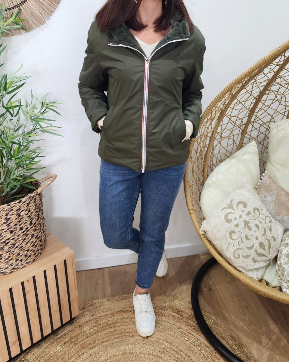 Parka femme kaki réversible fausse fourrure Sora