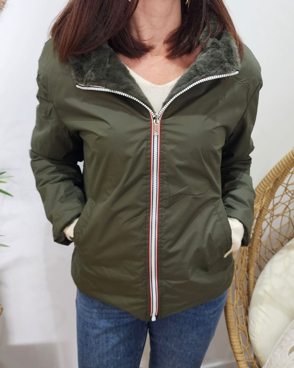 Parka femme kaki réversible fausse fourrure Sora