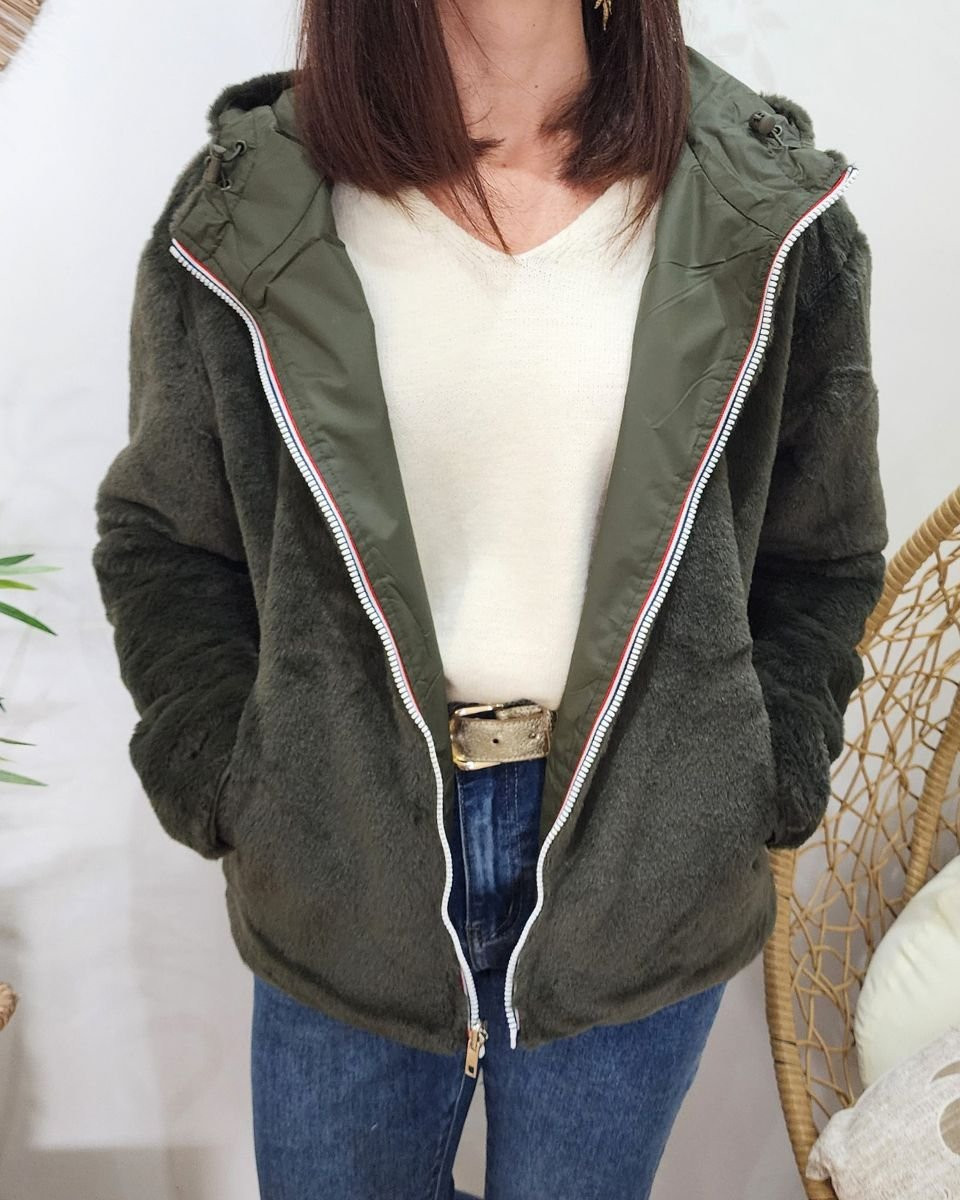 Parka femme kaki réversible fausse fourrure Sora