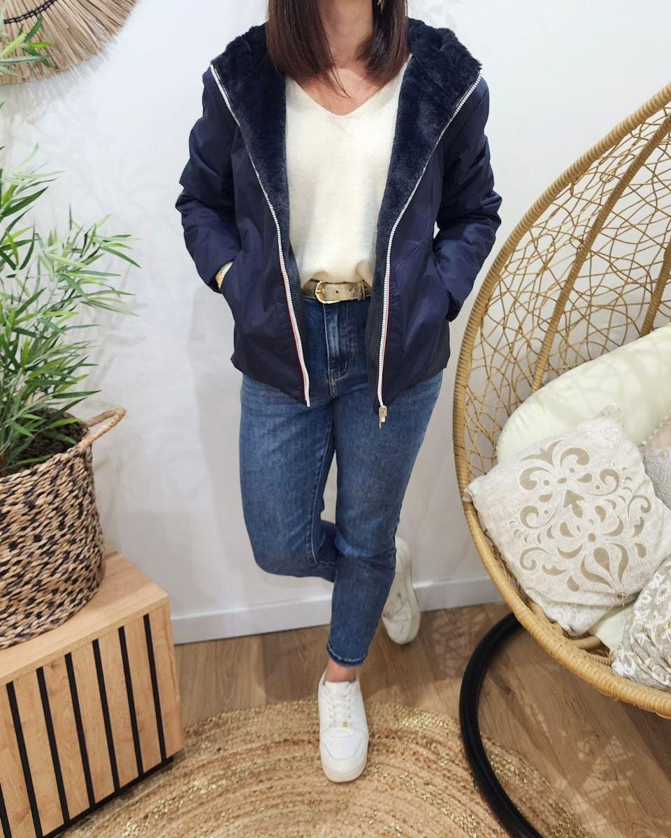 Parka femme bleu marine réversible fausse fourrure Sora