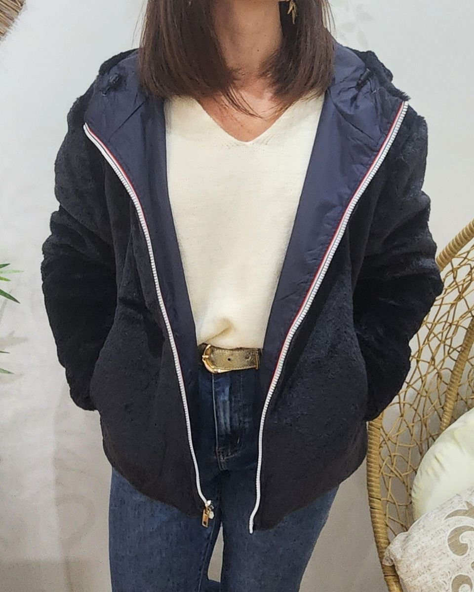 Parka femme bleu marine réversible fausse fourrure Sora