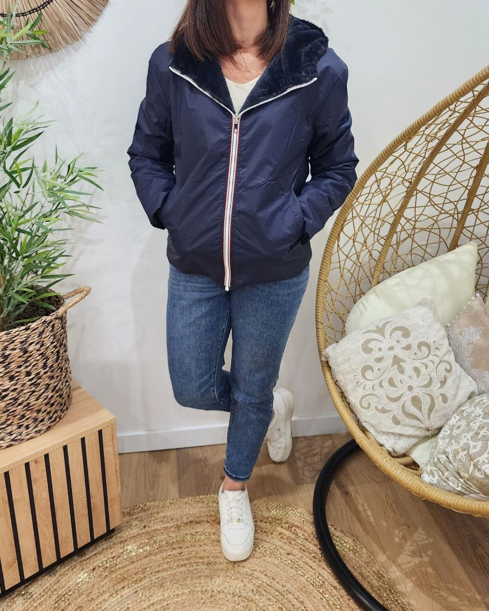 Parka femme bleu marine réversible fausse fourrure Sora