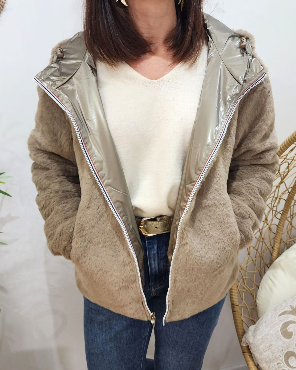 Parka femme bronze réversible fausse fourrure taupe Sora