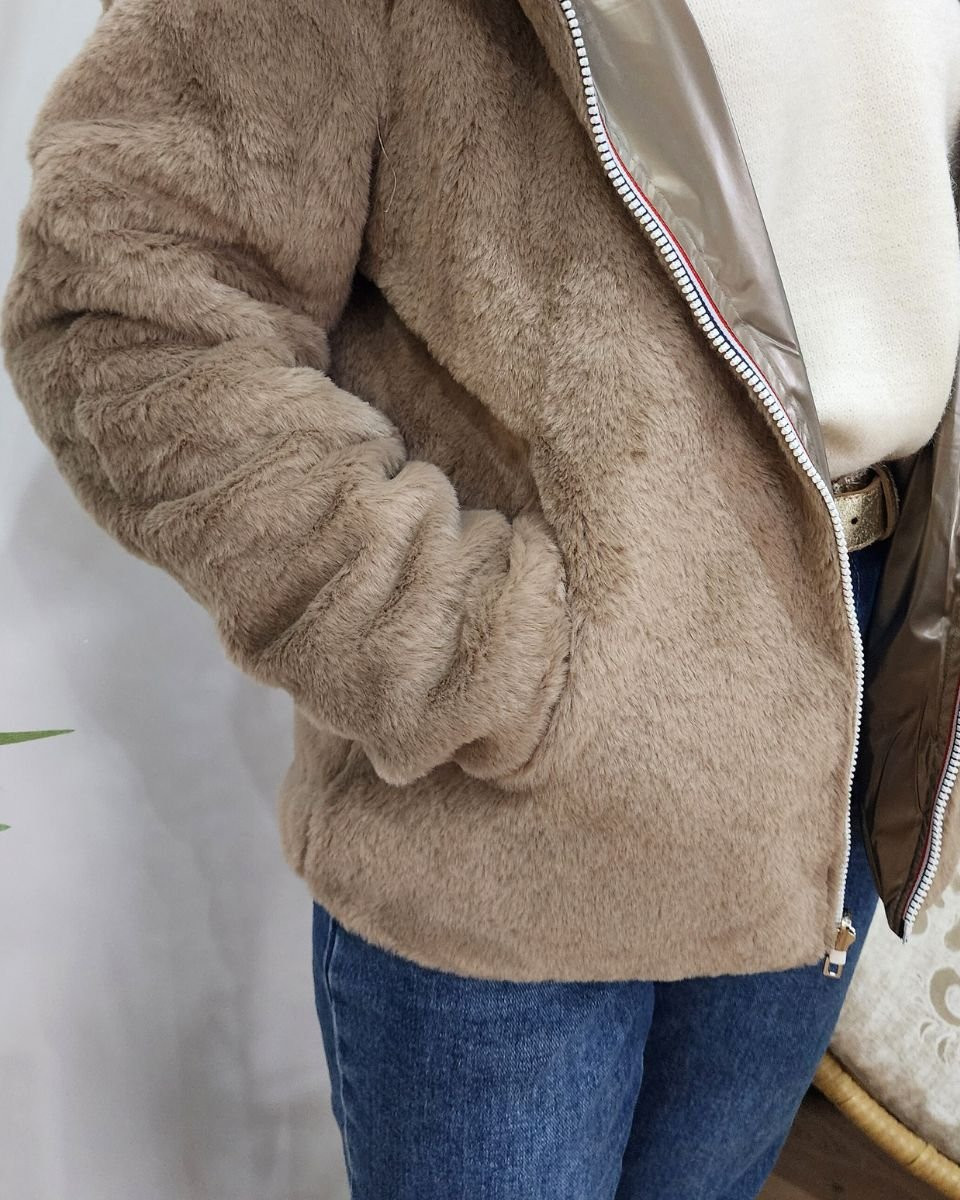 Parka femme bronze réversible fausse fourrure taupe Sora