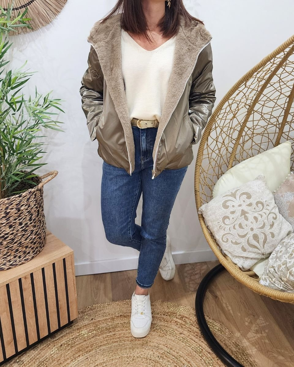 Parka femme bronze réversible fausse fourrure taupe Sora