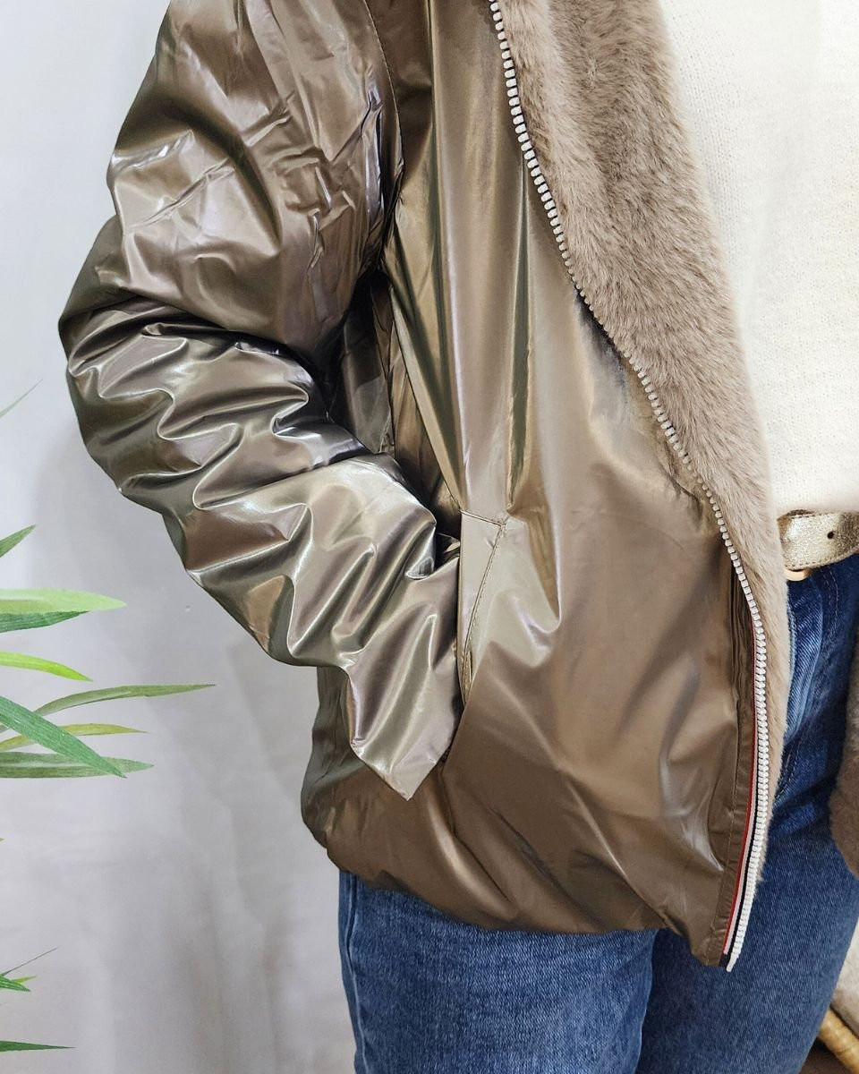 Parka femme bronze réversible fausse fourrure taupe Sora