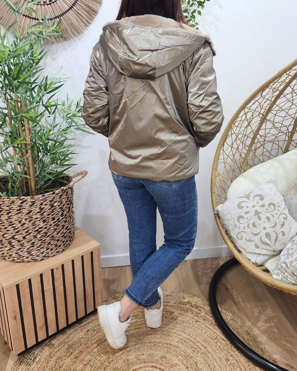 Parka femme bronze réversible fausse fourrure taupe Sora