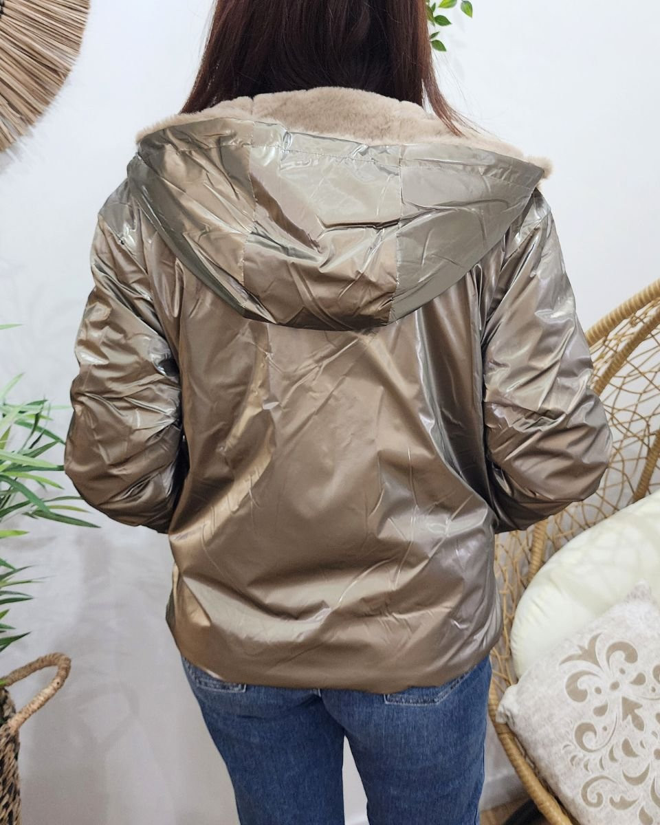 Parka femme bronze réversible fausse fourrure taupe Sora