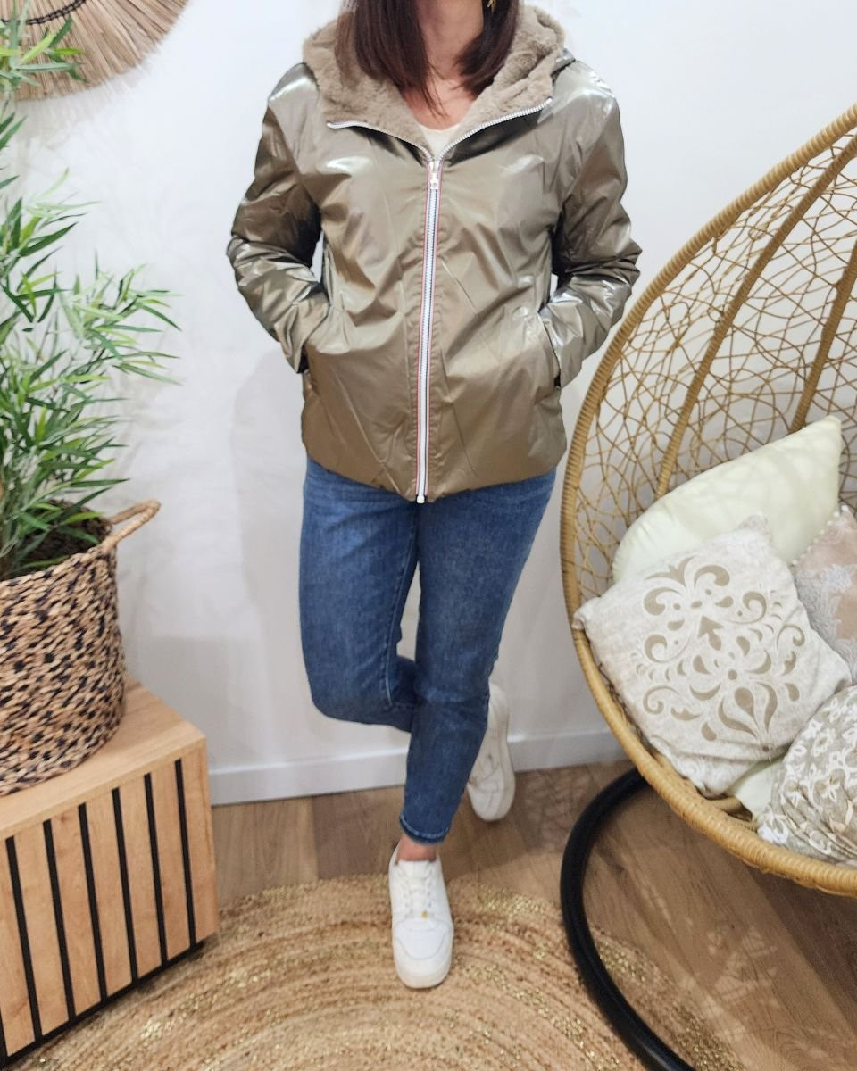 Parka femme bronze réversible fausse fourrure taupe Sora