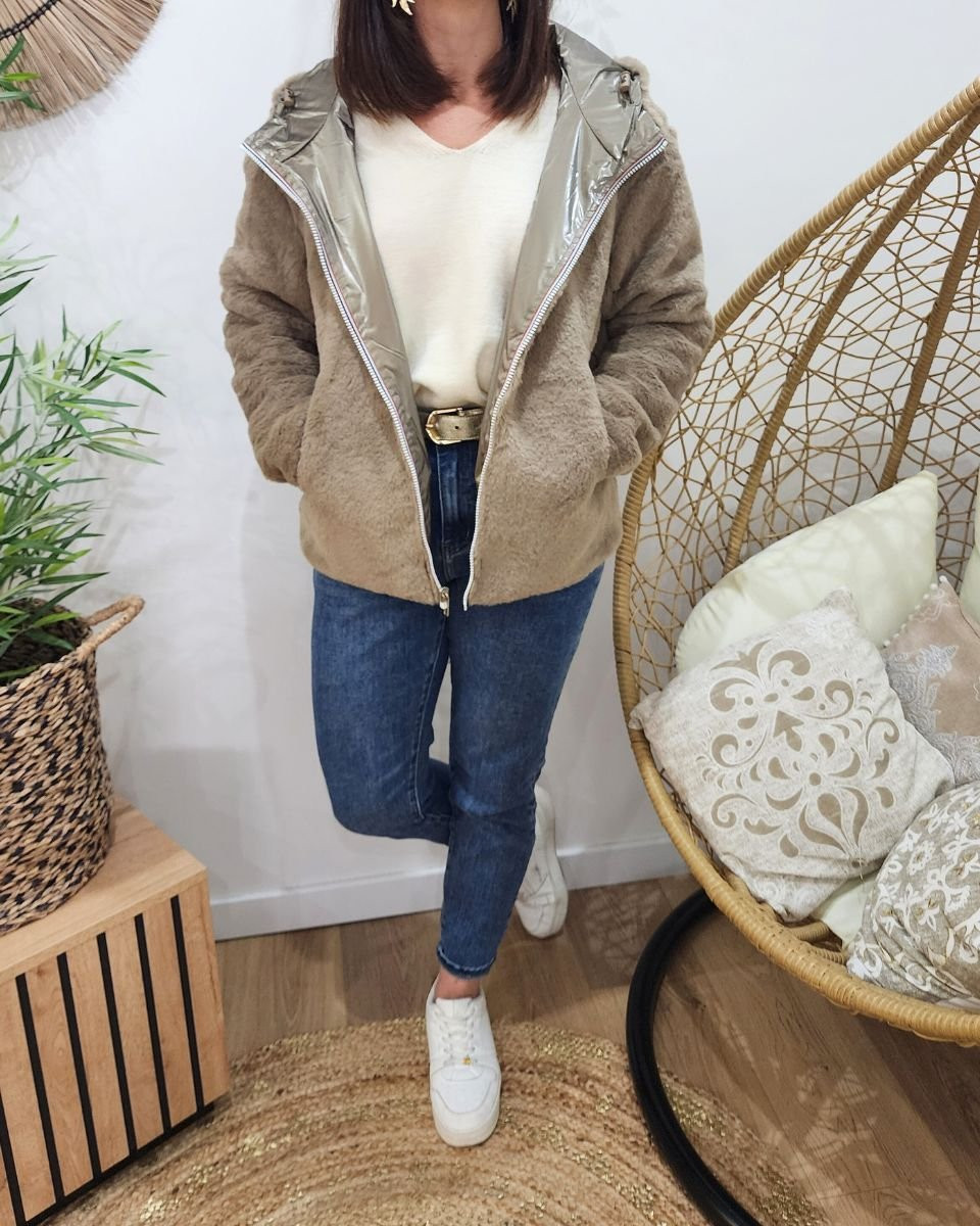 Parka femme bronze réversible fausse fourrure taupe Sora