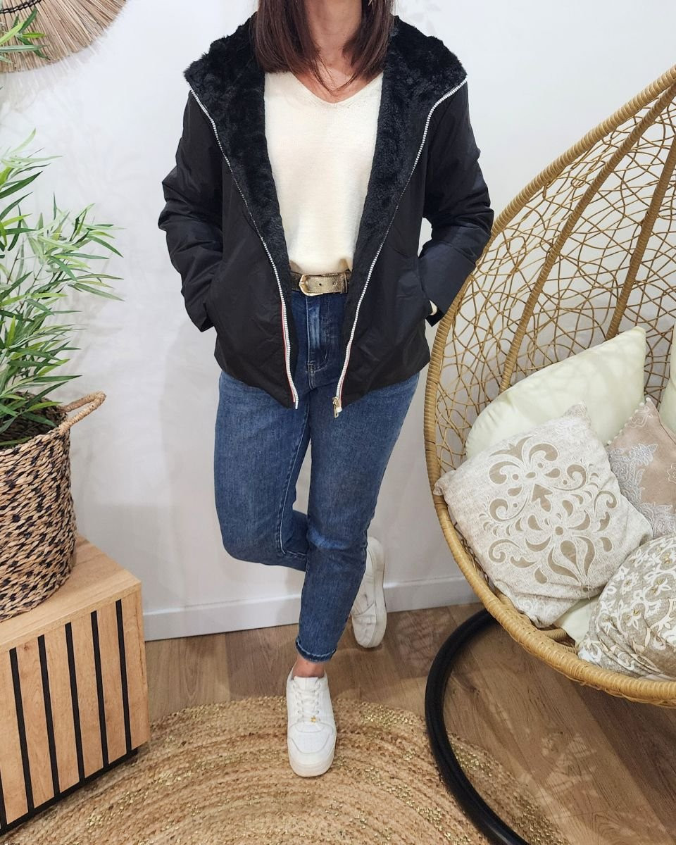 Parka femme noire réversible fausse fourrure Sora