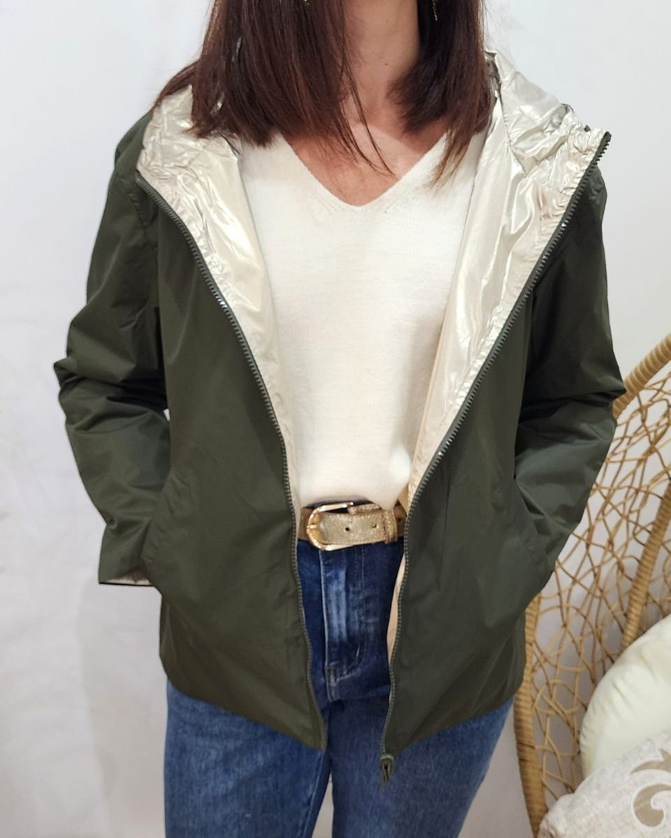 Parka fine femme courte réversible kaki foncé et dorée Tina