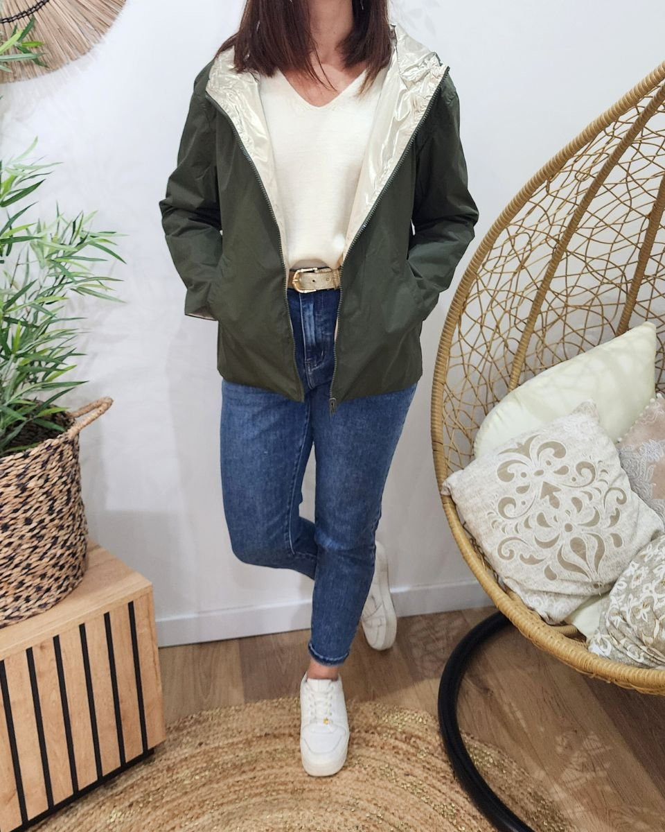Parka fine femme courte réversible kaki foncé et dorée Tina