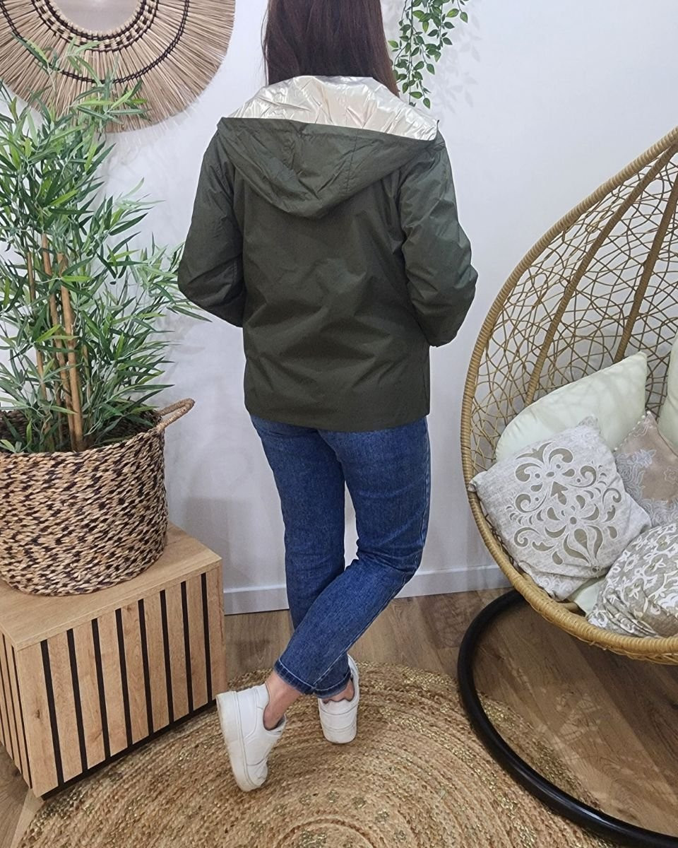 Parka fine femme courte réversible kaki foncé et dorée Tina
