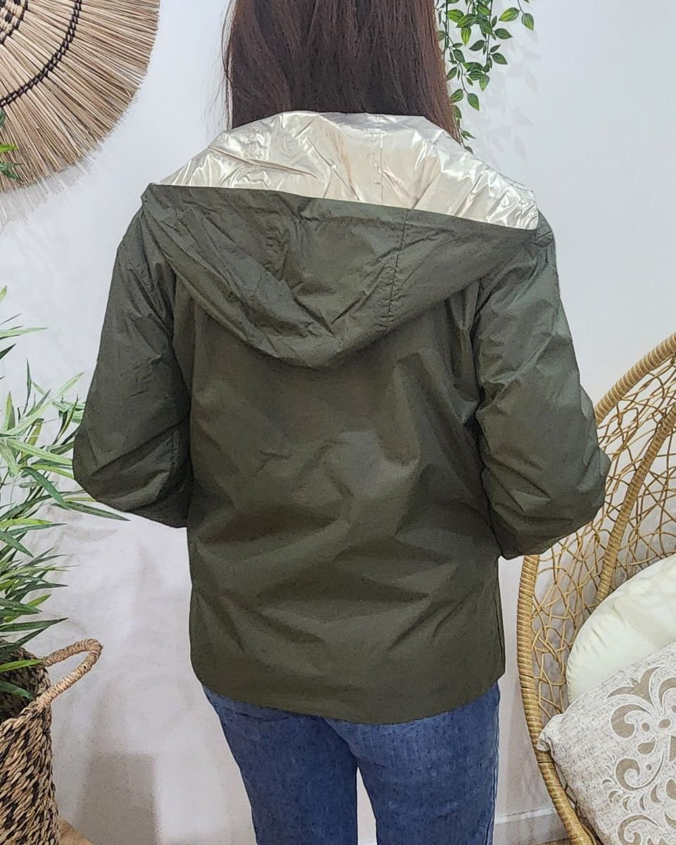Parka fine femme courte réversible kaki foncé et dorée Tina