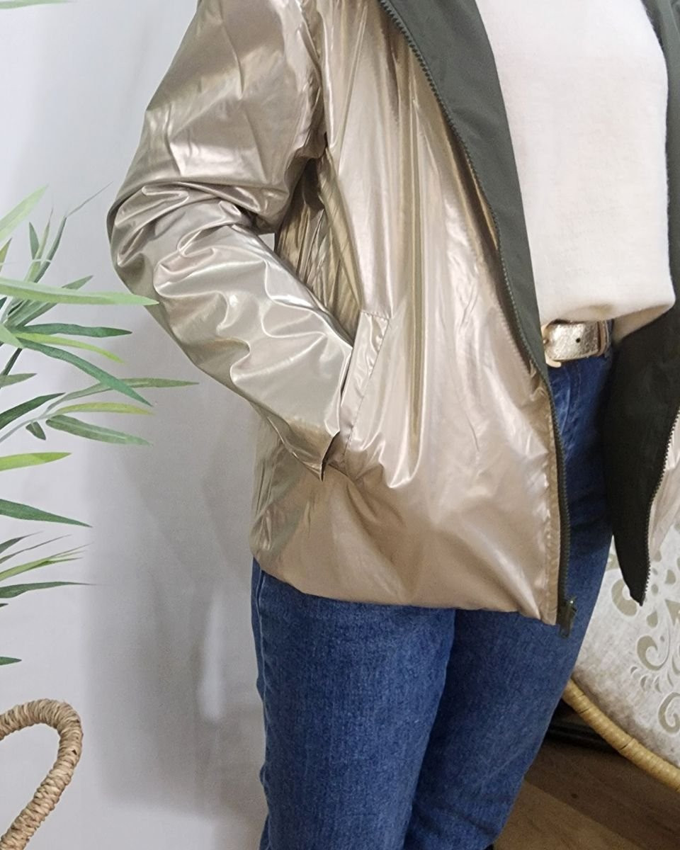 Parka fine femme courte réversible kaki foncé et dorée Tina