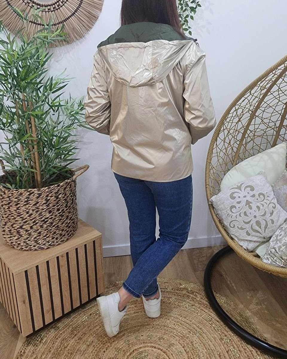 Parka fine femme courte réversible kaki foncé et dorée Tina