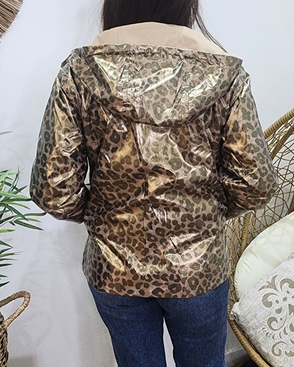 Parka fine femme courte réversible beige et Léopard bronze