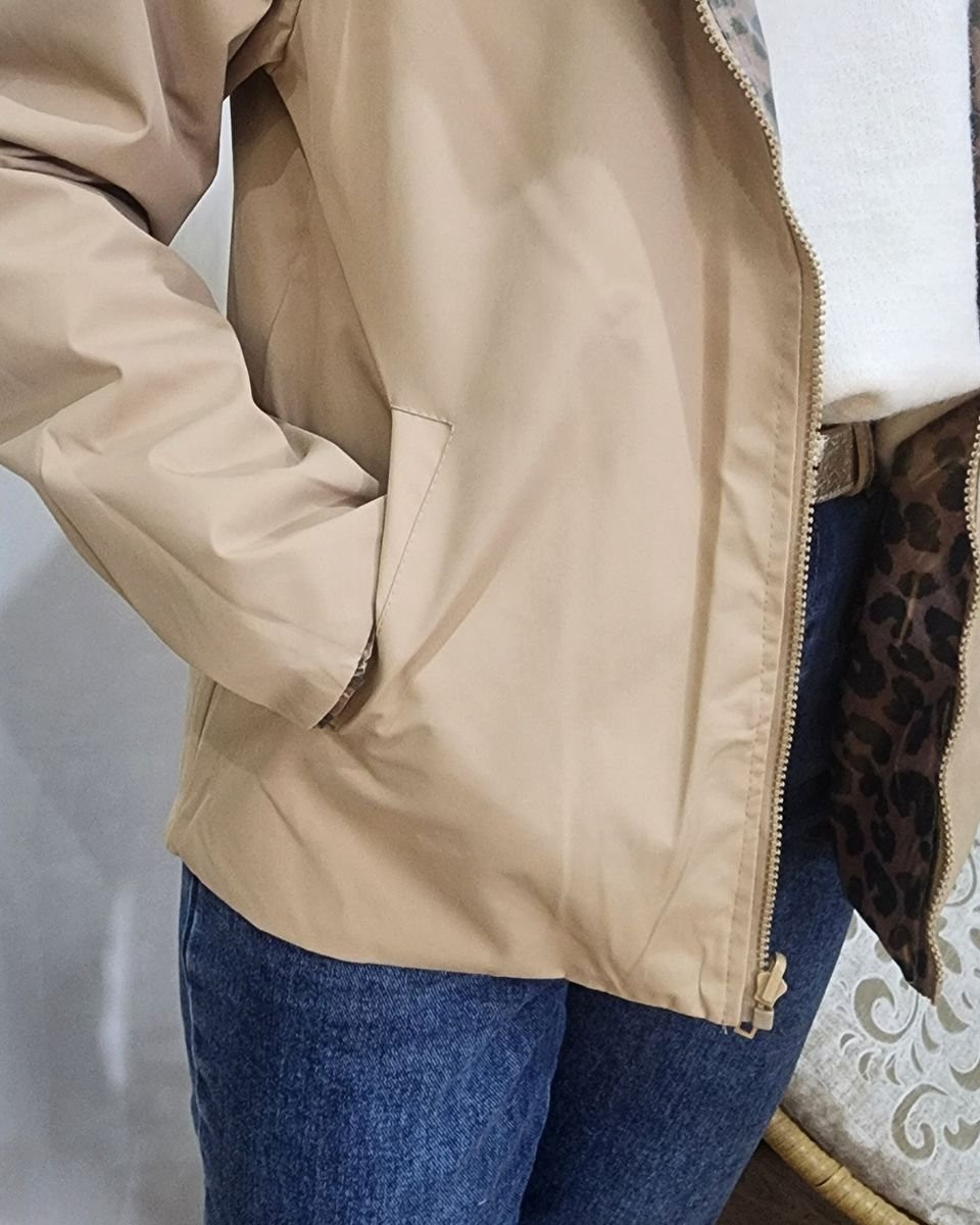 Parka fine femme courte réversible beige et Léopard bronze