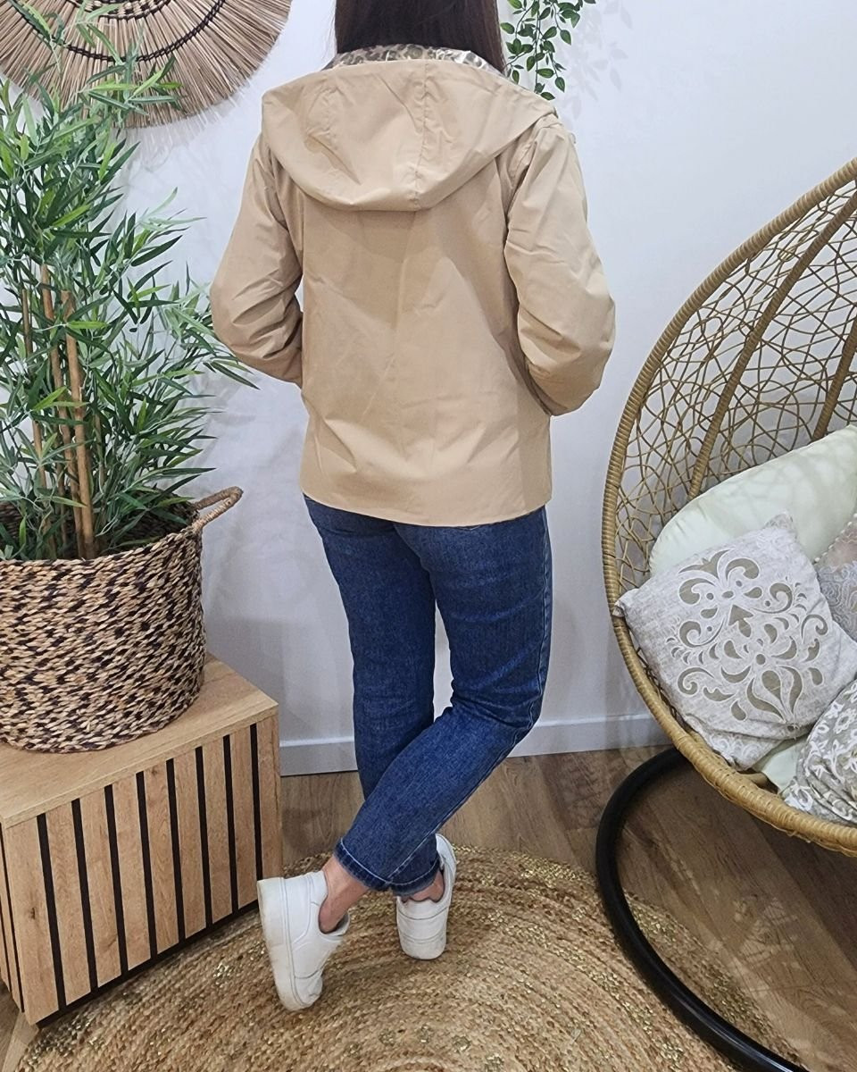 Parka fine femme courte réversible beige et Léopard bronze