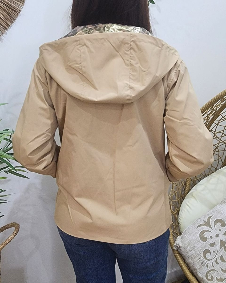 Parka fine femme courte réversible beige et Léopard bronze