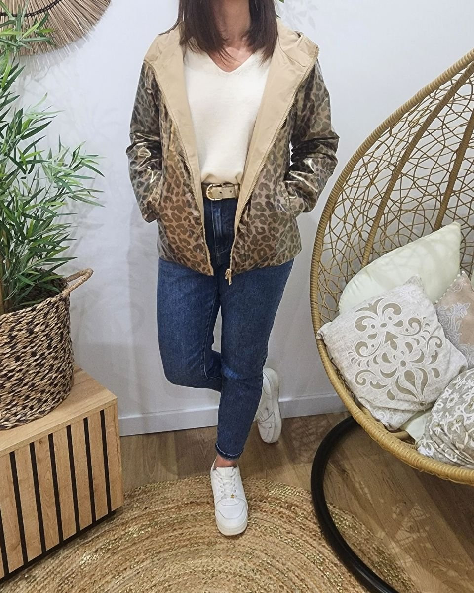 Parka fine femme courte réversible beige et Léopard bronze