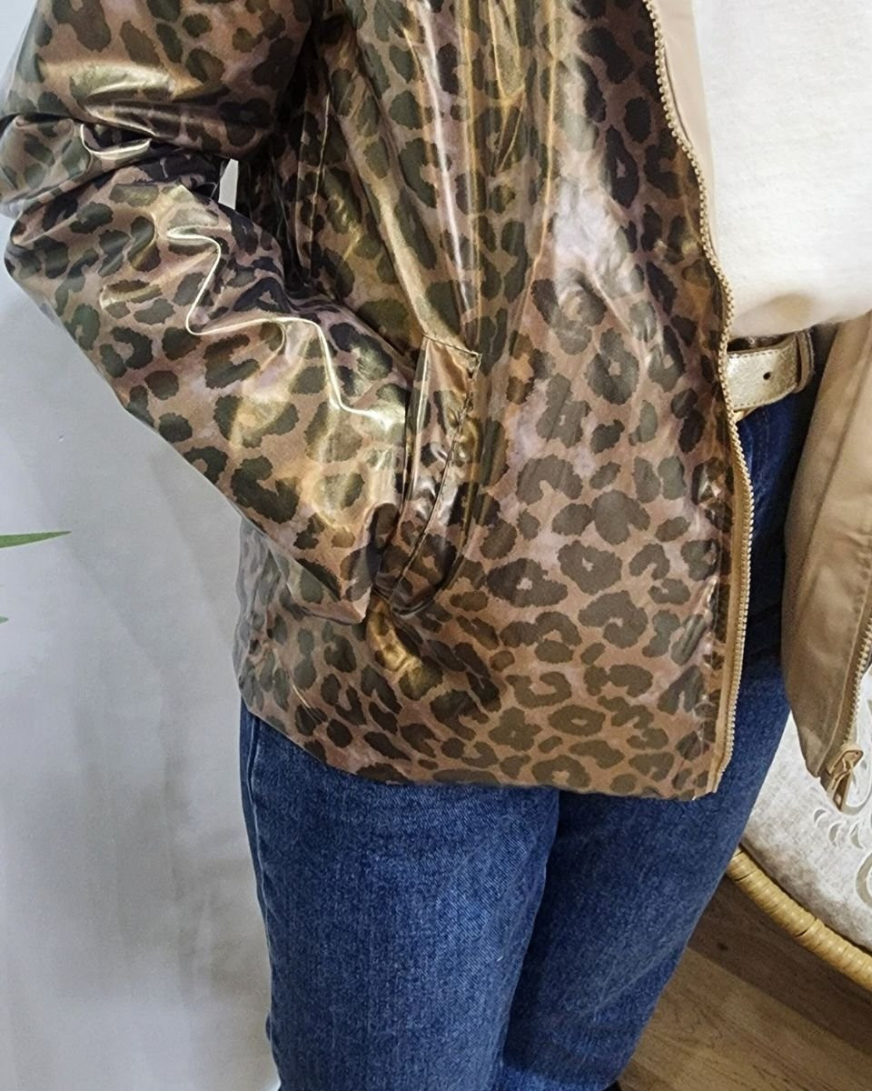 Parka fine femme courte réversible beige et Léopard bronze