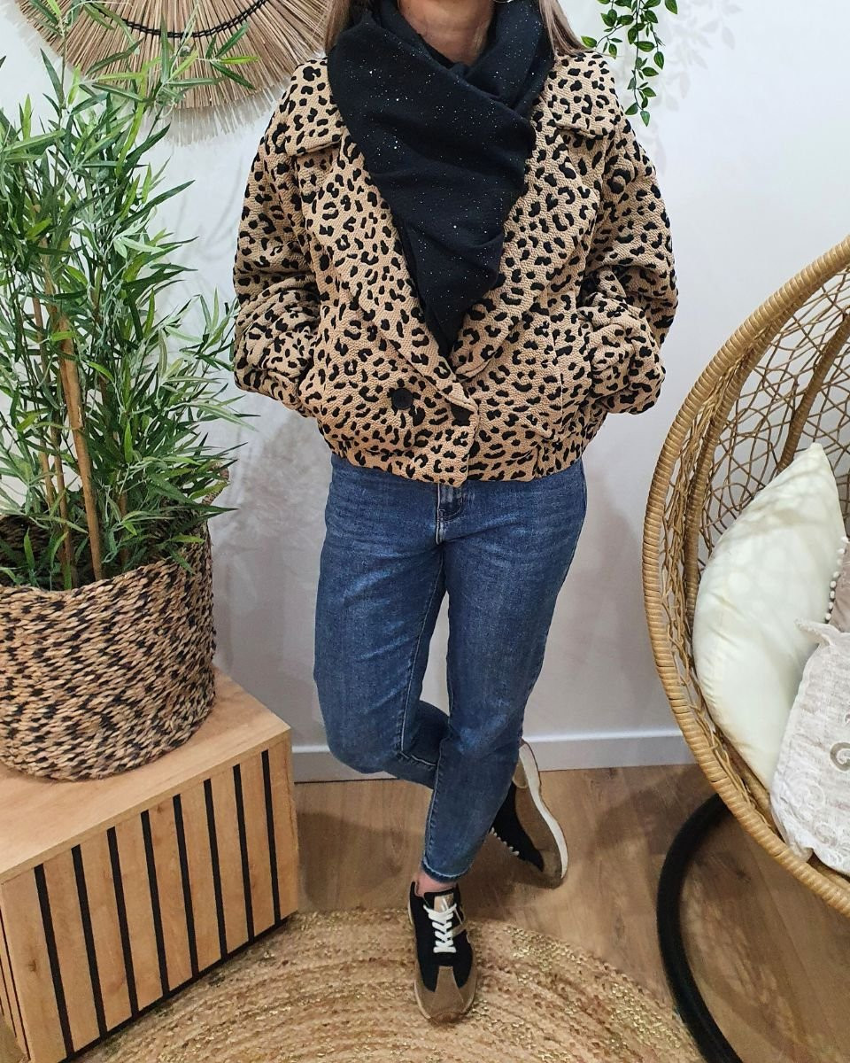 Manteau bombers épais léopard camel et noir