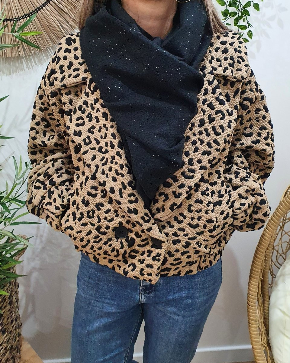 Manteau bombers épais léopard camel et noir