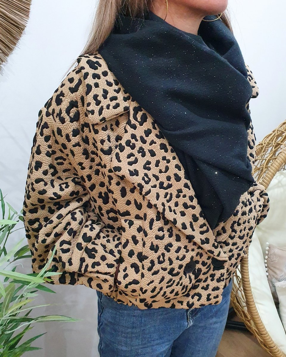 Manteau bombers épais léopard camel et noir