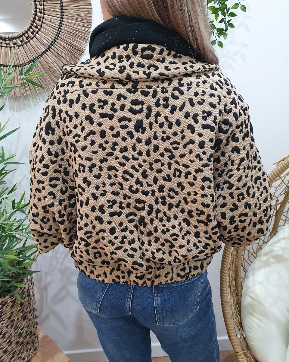 Manteau bombers épais léopard camel et noir
