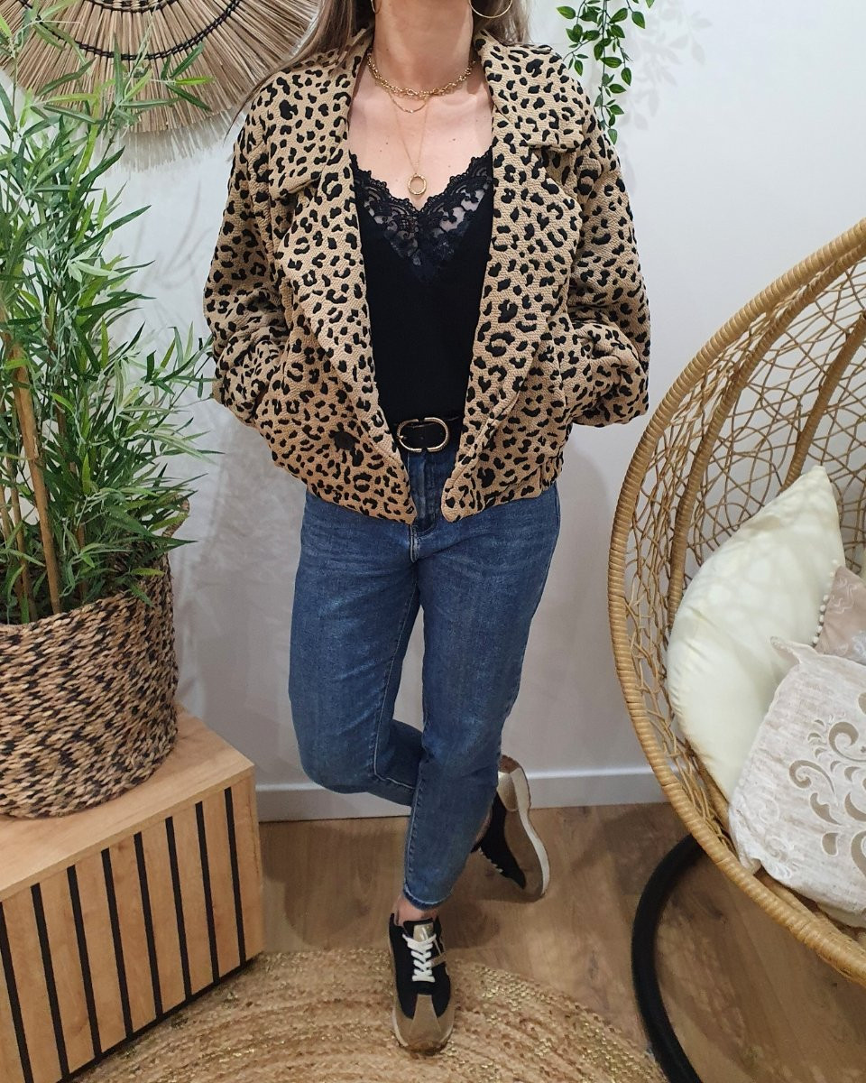 Manteau bombers épais léopard camel et noir