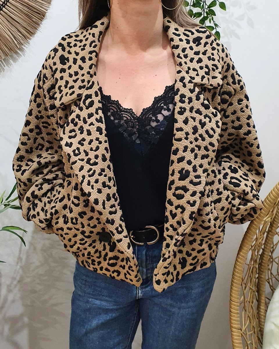 Manteau bombers épais léopard camel et noir