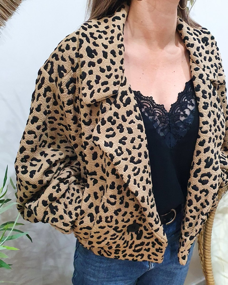 Manteau bombers épais léopard camel et noir