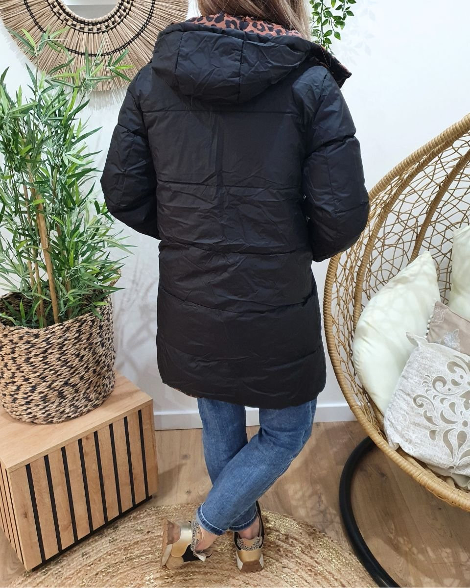 Doudoune longue femme réversible léopard choco et noire