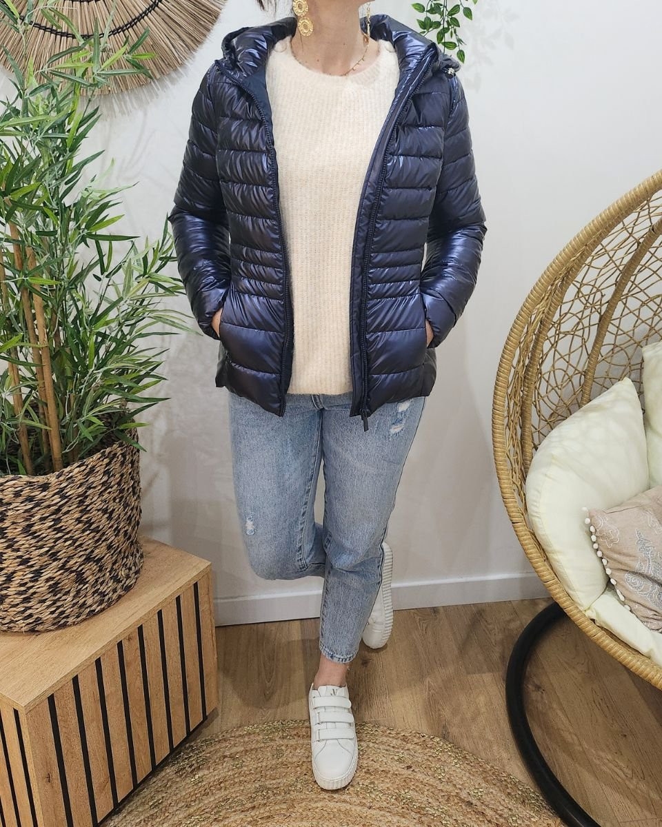 Doudoune fine bleu métallisé à capuche 