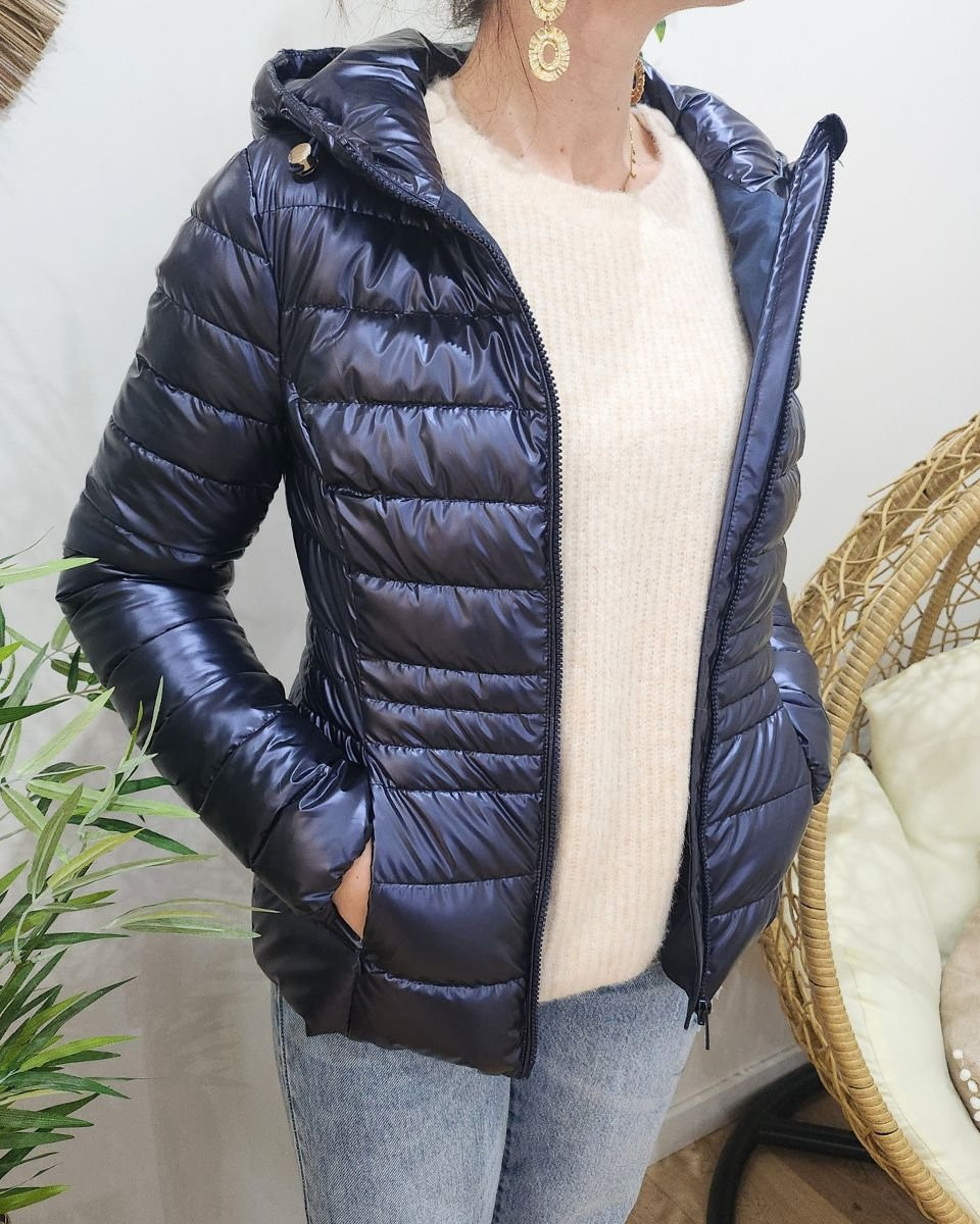 Doudoune fine bleu métallisé à capuche 