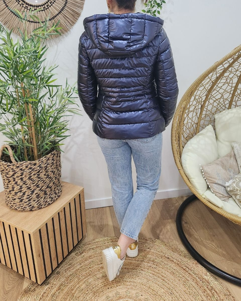 Doudoune fine bleu métallisé à capuche 