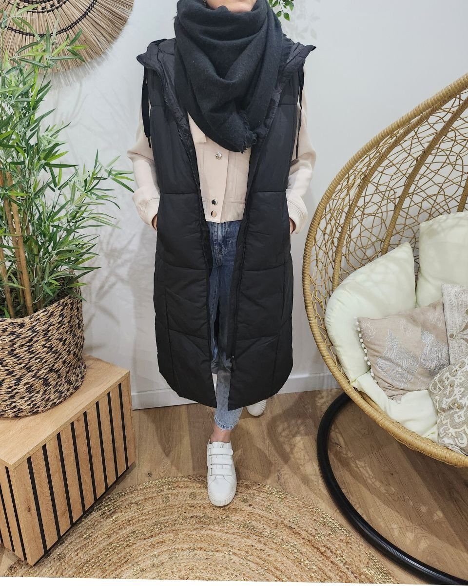 Doudoune longue femme noire sans manches à capuche