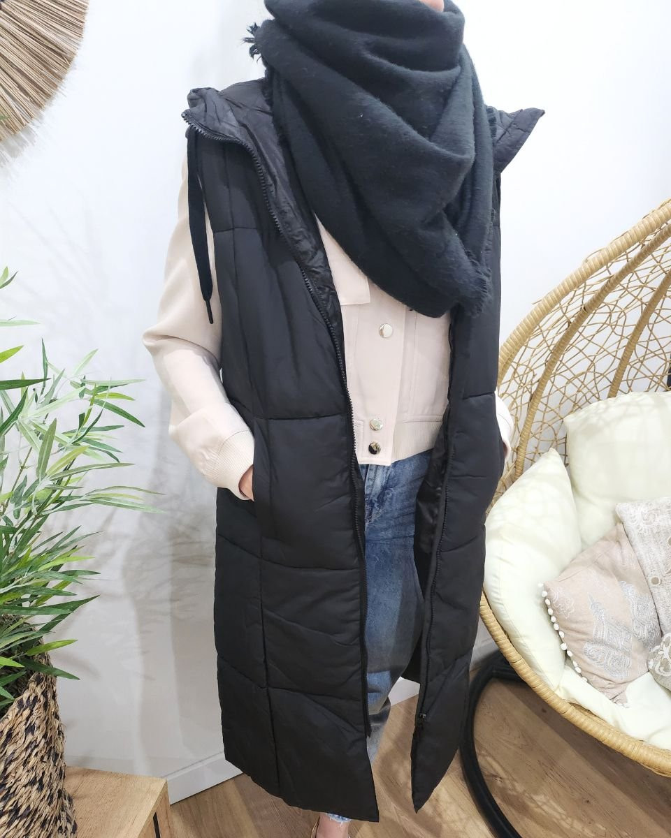 Doudoune longue femme noire sans manches à capuche