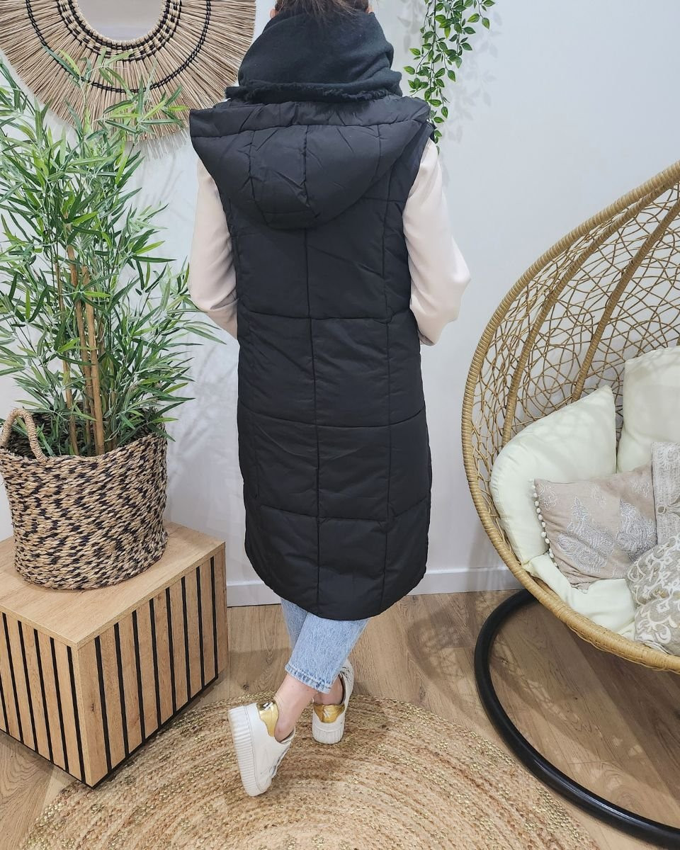 Doudoune longue femme noire sans manches à capuche
