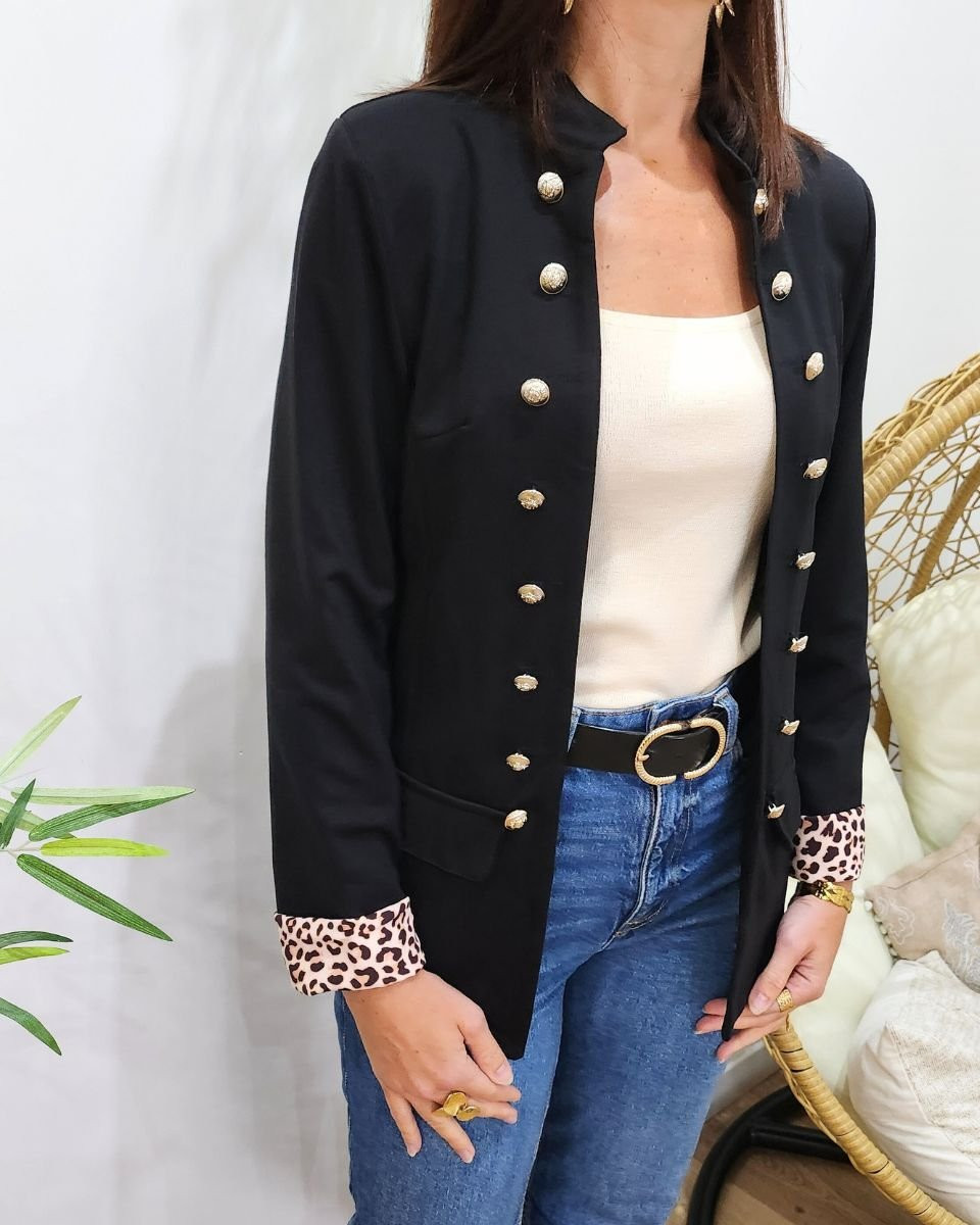 Blazer femme noir style officier revers léopard