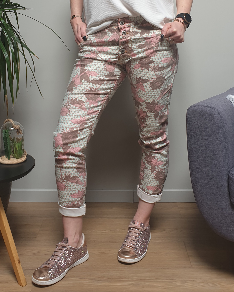Pantalon vert d'eau fleurs roses et taupes
