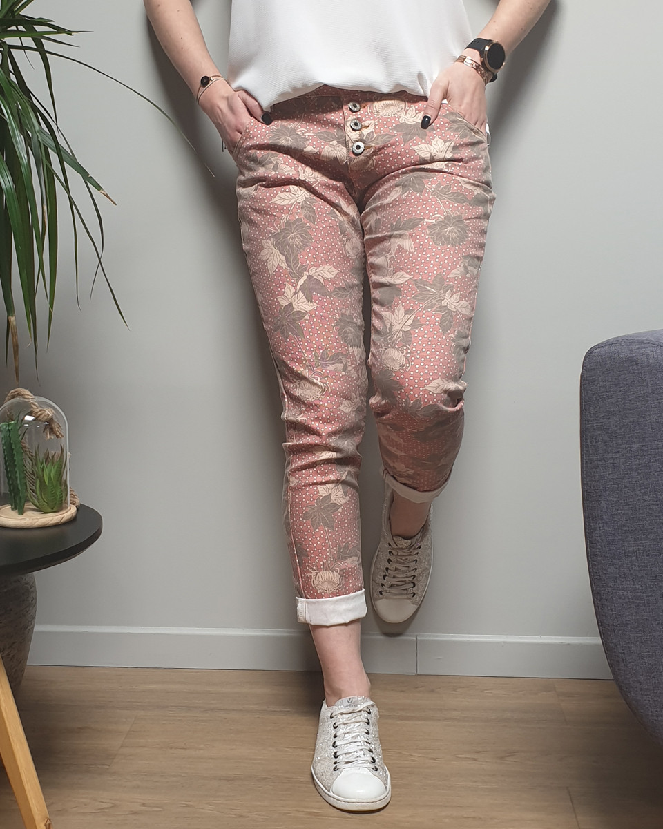 Pantalon corail fleurs bleiges et taupes