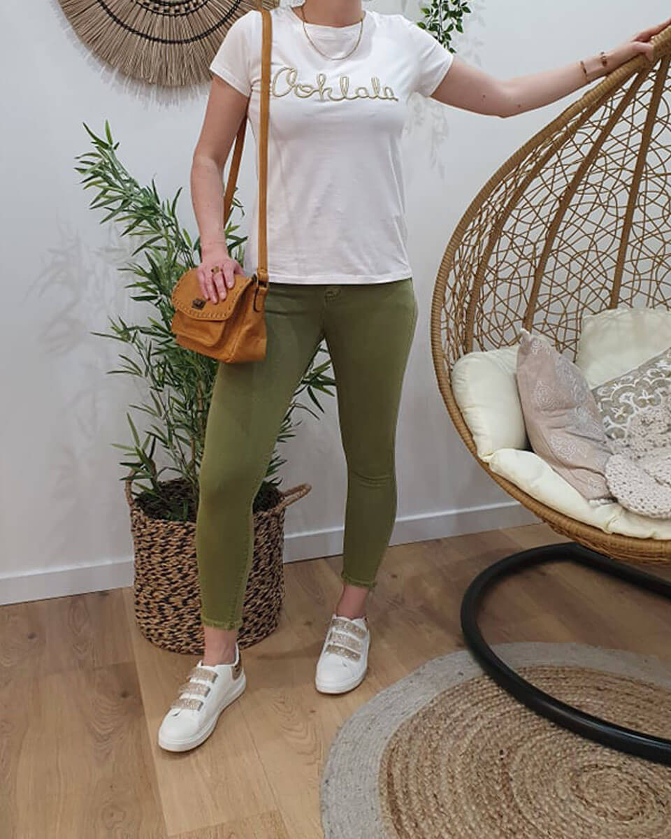 Pantalon slim kaki taille haute 7/8